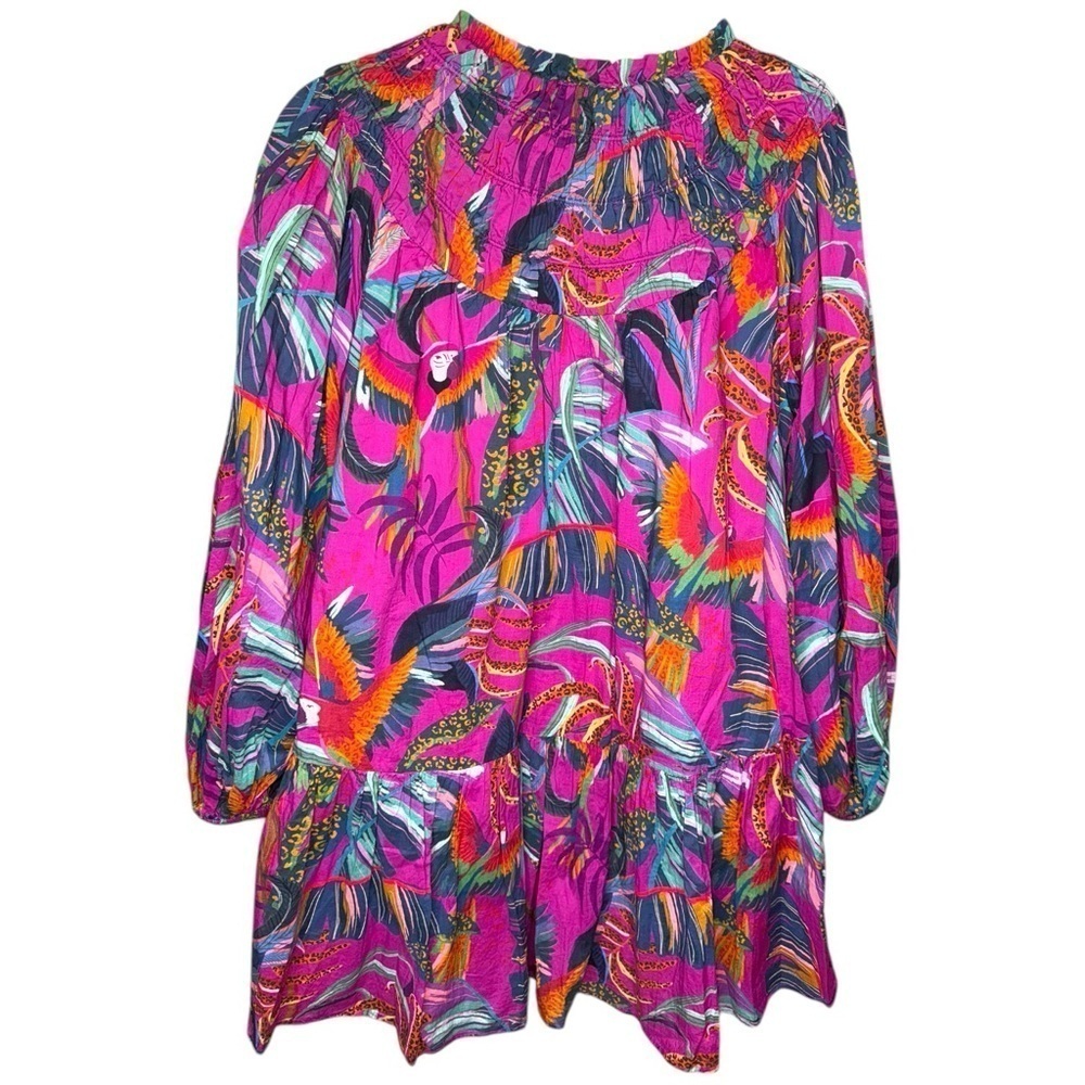 ▶️ Farm Rio ◀️ Tropical Rainbows Macaws Puff Sleeve Mini Dress 🦜 - Picture 7 of 16